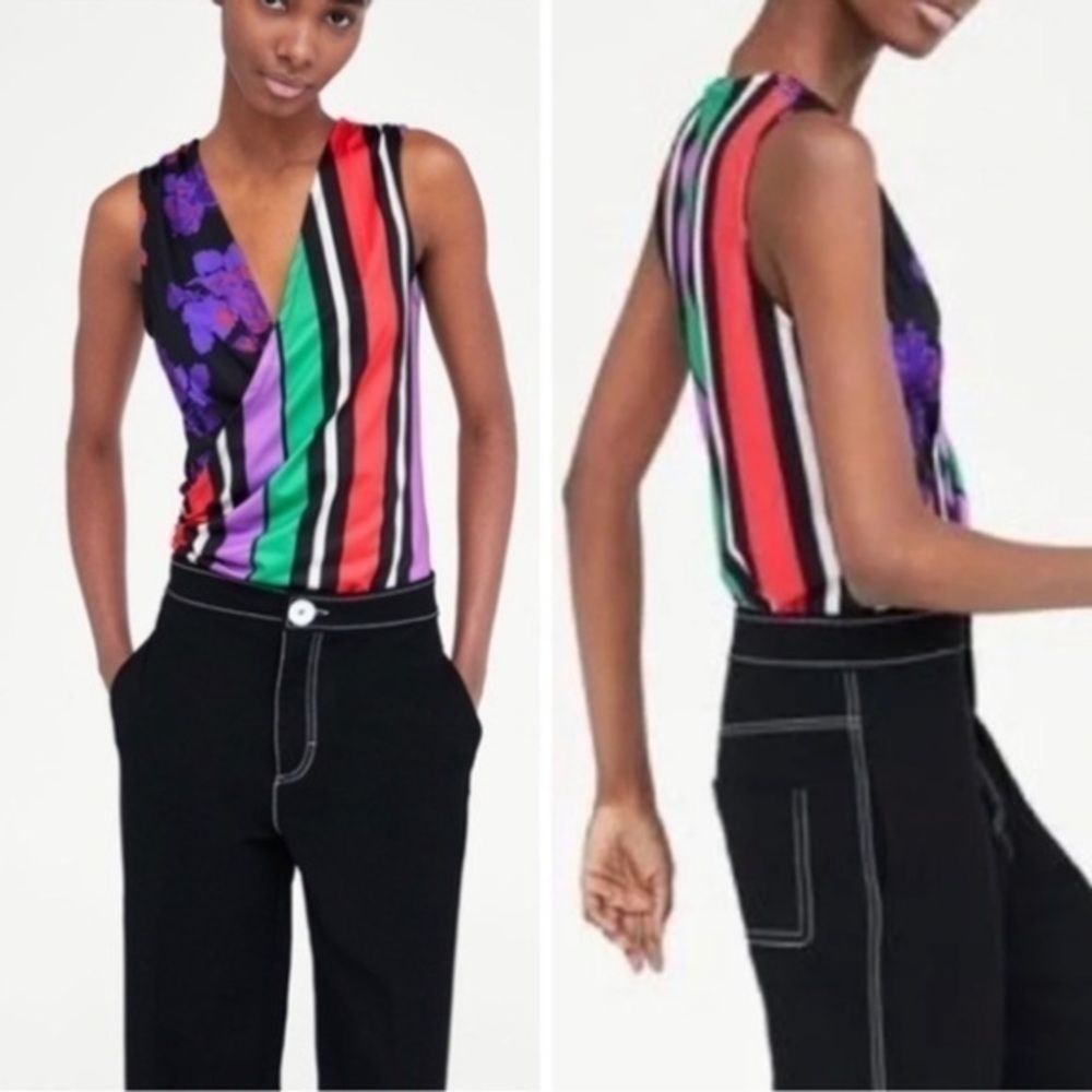 Zara Floral Stripe Mixed Print Wrap Bodysuit